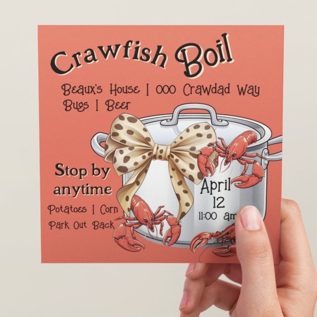 Mudbug Boiling Pot with Bow and Crawfish Party Holiday Card (Crawfish and coquette leopard bow on a boiling pot customizable party invitation. )