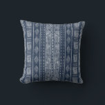Mudcloth Navy Blue and White Tribal Pattern Throw Pillow<br><div class="desc">Modern navy blue and white mudcloth style throw pillow with an ethnic tribal geometric print with triangles,  diamonds,  squares and vertical stripes on a linen texture look background.</div>