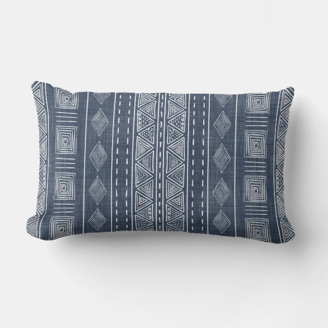 Mudcloth Style Navy Blue and White Tribal Pattern Lumbar Pillow (Front)