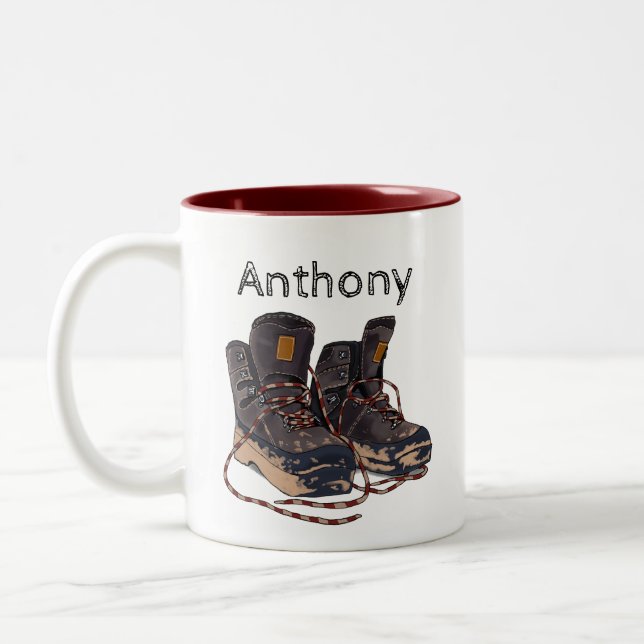 Muddy Hiking Boots Personalized Outdoor Adventure Two-Tone Coffee Mug (Left)
