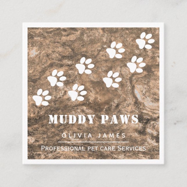 Muddy paw prints professional dog pet care service square business card (Front)