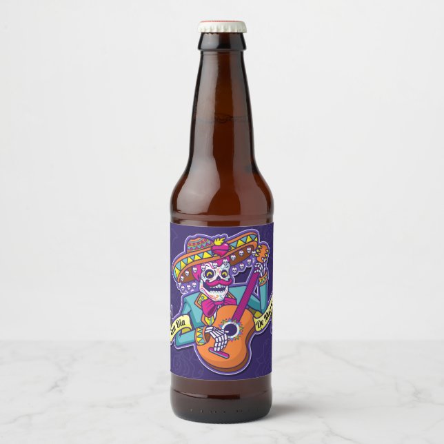 Muertos Sugar Skull Mexican Mariachi Guitar Fiesta Beer Bottle Label (Front)