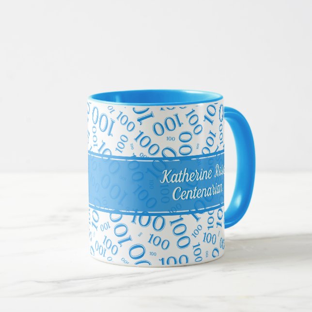 Mug 100e anniversaire Motif de numéros aléatoires bleu (Devant droit)
