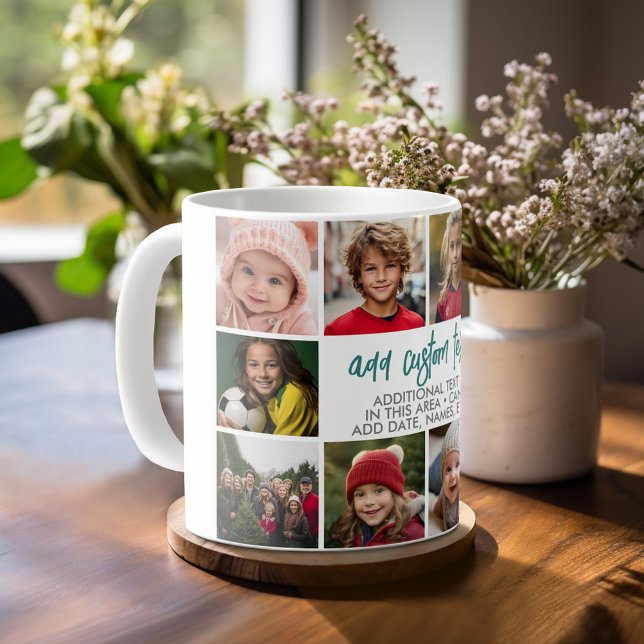 Mug 10 Bordure photo avec centre de texte - gris Turqu (Personalized mug template with a funky 10 photo collage and custom text)