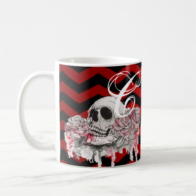 Mug  11 Oz. Café Mugskull Rose goth Chevron noir rouge (Gauche)