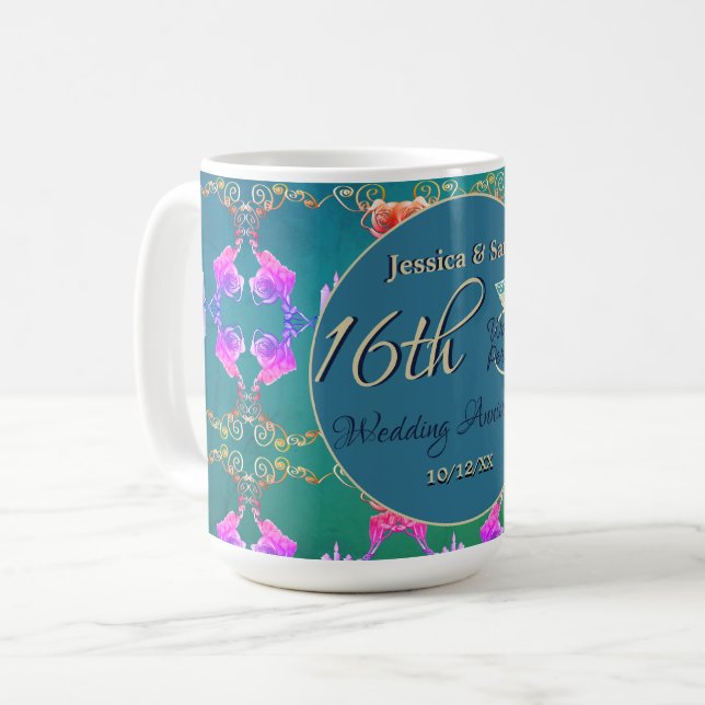 Mug 16e anniversaire Mariage Cire, Statice & Peridot (Devant gauche)