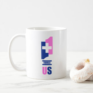 Mug 1+1=Tasse US en bleu et rose pour montrer l'amour.