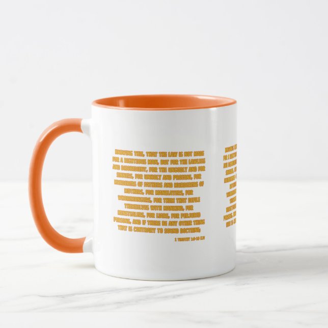 Mug 1 Timothée 1:9-10 KJV Bible Écriture Deux Tons (Gauche)