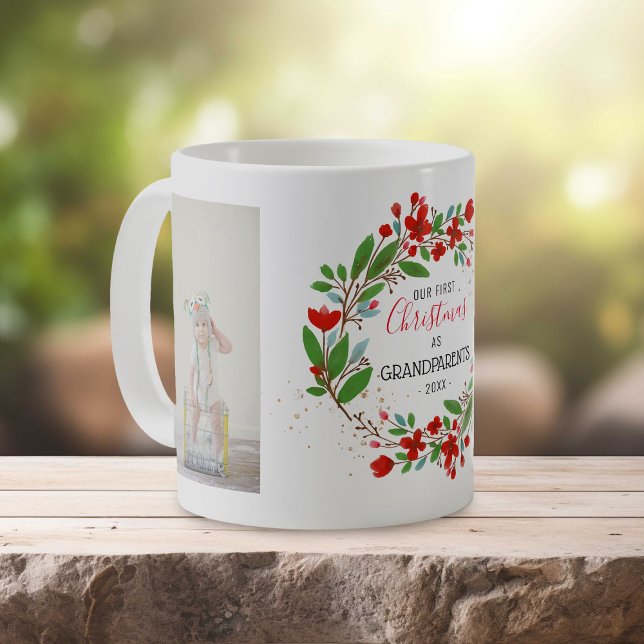 Mug 1er Noël | Grand-parents Floral Wreath 2 Photo (Créateur téléchargé)