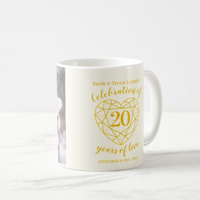 Mug 20e anniversaire coeur diamant jaune photo personn (Devant droit)