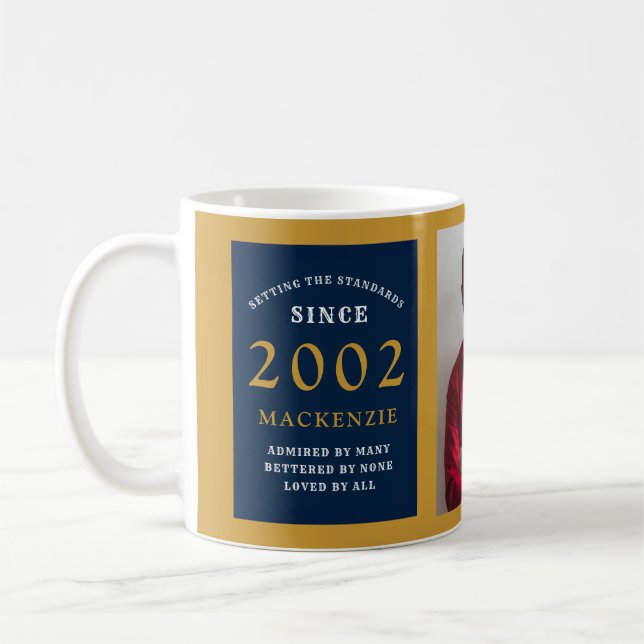 Mug 21st Birthday 2002 Blue Gold Ajouter Nom Photo (Gauche)