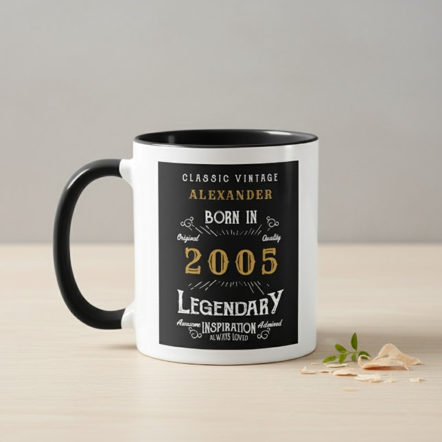Mug 21st Birthday 2005 Legend Retro Black Personalized (Born 2005 Legendary mug. Grey and wood background.)