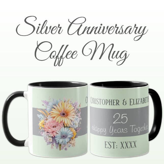 Mug 25e anniversaire argent fleurs noms vert (Créateur téléchargé)