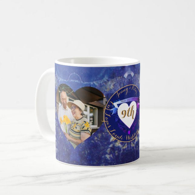 Mug 2 Photos 9e anniversaire de Mariage Coeurs lapis (Devant gauche)