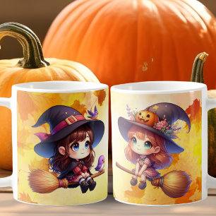 Mug 2 Sorcière adorable mignonne avec balais, Hallowee