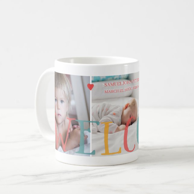 Mug 3 collage photo famille BIENVENUE bébé nouveau-né (Devant gauche)