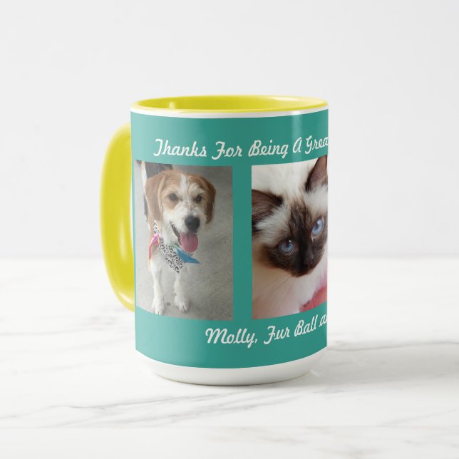 Mug 3 photos de animaux avec message et noms (Devant gauche)