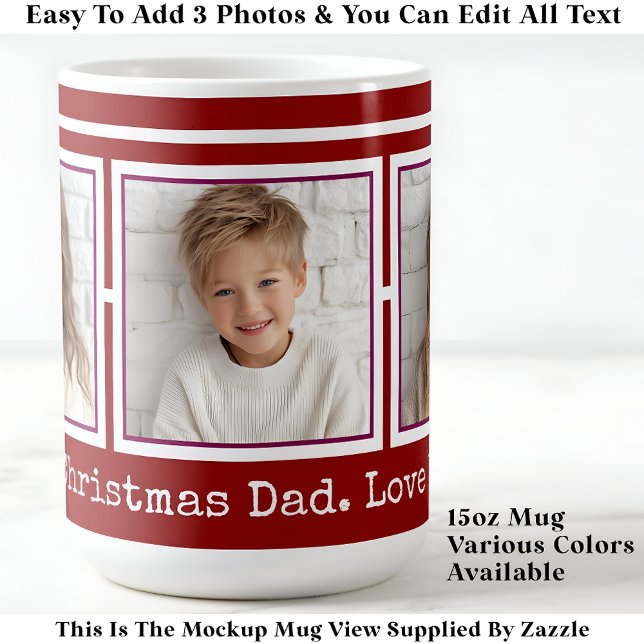 Mug 3 Photos, Long Message, Rouge Noël, Moderne P31 (Créateur téléchargé)