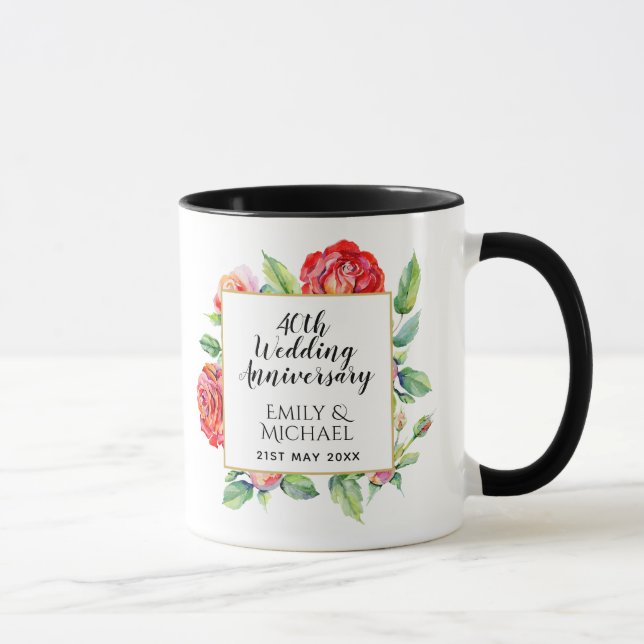 Mug 40e anniversaire Mariage cadeau - Ruby Red Roses (Droite)