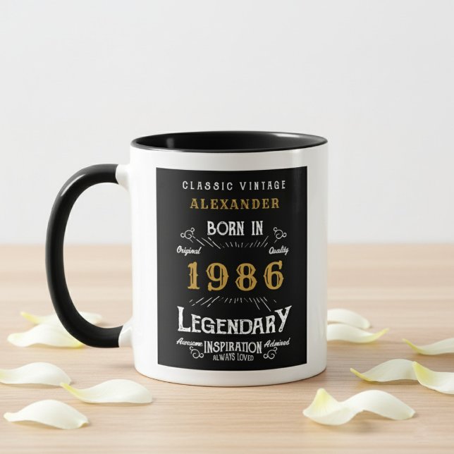 Mug 40th Birthday 1986 Legend Retro Black Personalized (Born 1986 birthday gift mug. Grey background wood top with petals.)