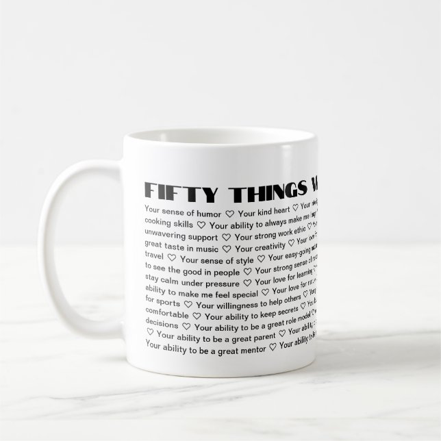 Mug 50 choses que nous aimons sur vous modèle Annivers (Gauche)