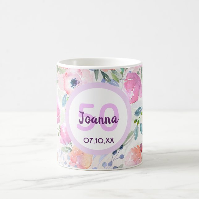 Mug 50e anniversaire chic boho aquarellée fleurs roses (Centre)