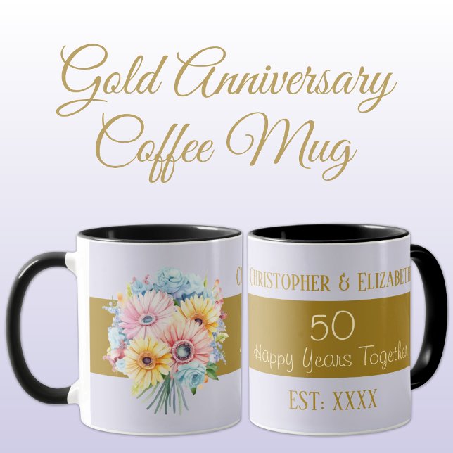 Mug 50e anniversaire or fleurs noms pourpre (Créateur téléchargé)