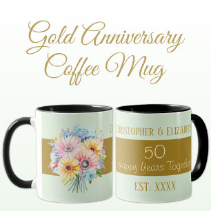 Mug 50e anniversaire or fleurs noms vert