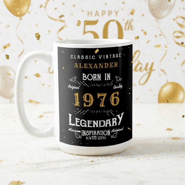 Mug 50th Birthday 1976 Legendary Retro (1976 coffee mug on a white and gold background.)