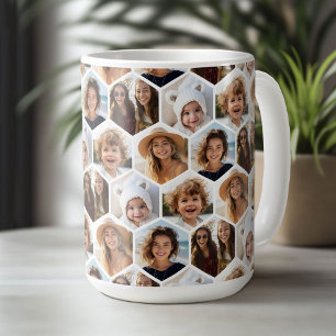 Mug 5 Photo Collage Honeycomb Hexagon Motif - blanc