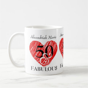 Mug 5O et fabuleux Anniversaire Noir Script Coeur roug