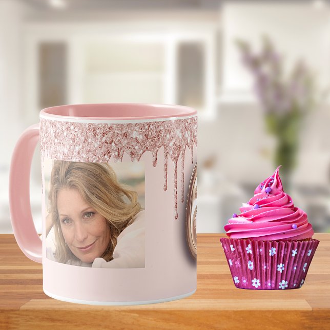 Mug 60e anniversaire rose photo rose or parties scinti (Créateur téléchargé)