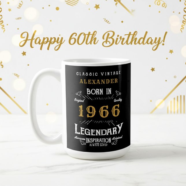 Mug 60th Birthday 1966 Legendary Retro (1966 coffee mug on a white and gold background.)
