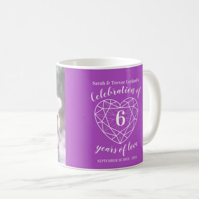 Mug 6e anniversaire du coeur améthyste mauve photo per (Devant droit)
