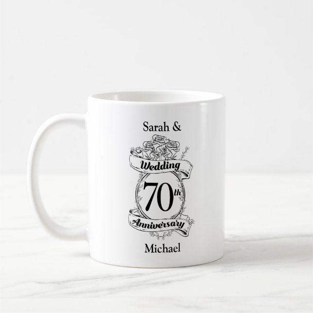 Mug 70e anniversaire Mariage Fleurs Noir et blanc (Gauche)