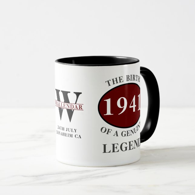 Mug 80e anniversaire Né 1941 Monogramme Black Red Lege (Devant droit)