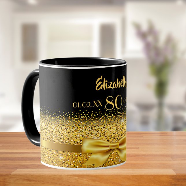 Mug 80e anniversaire noir nom or classique élégant (Créateur téléchargé)