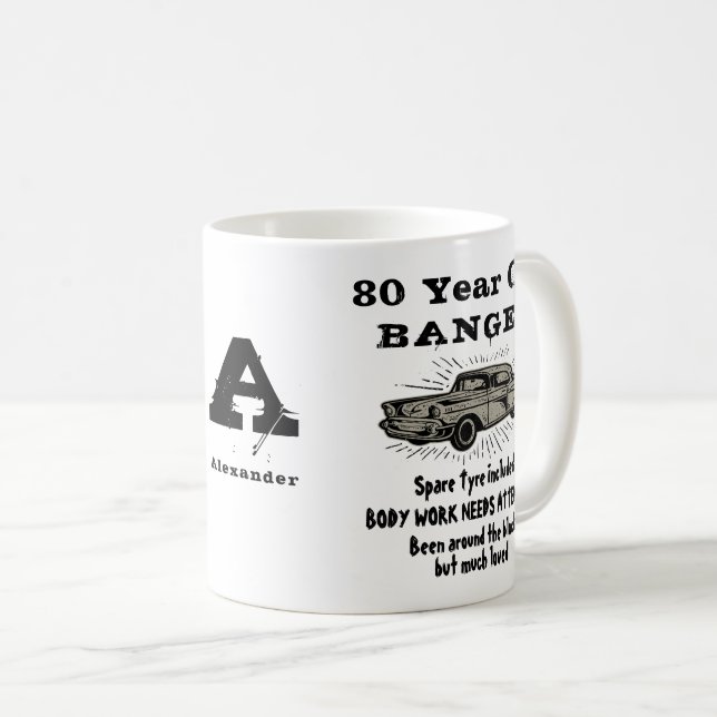 Mug 80e anniversaire Rétro drôle Monogramme de voiture (Devant droit)