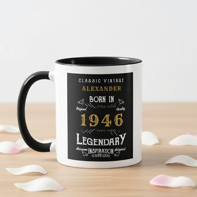 Mug 80th Birthday 1946 Legend Retro Black Personalized (Born 1946 birthday gift mug. White background, wood table.)