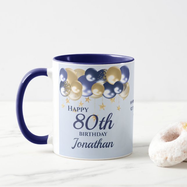Mug 80th Birthday Navy Gold Balloons  (Avec donut)