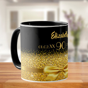 Mug 90e anniversaire noir or nom classique élégant
