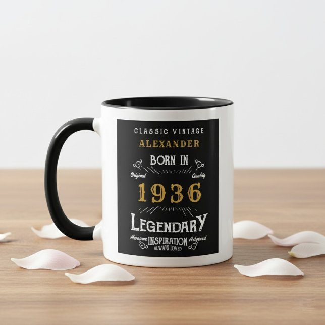 Mug 90th Birthday 1936 Legend Retro Black Personalized (Born 1936 birthday gift mug. White background wood table.)