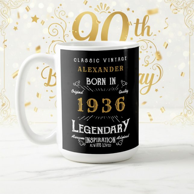 Mug 90th Birthday 1936 Legendary Retro (1936 coffee mug on a white and gold background.)