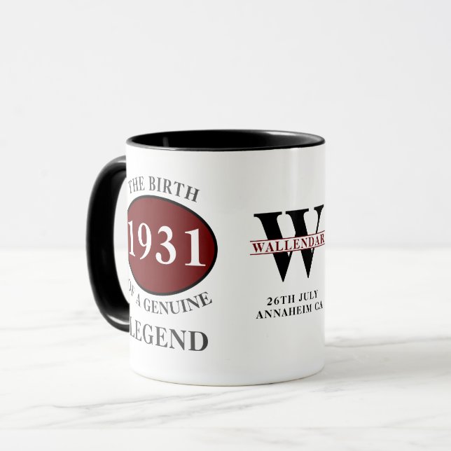 Mug 90th Birthday Monogram Born 1931 Legend Ajouter No (Devant gauche)