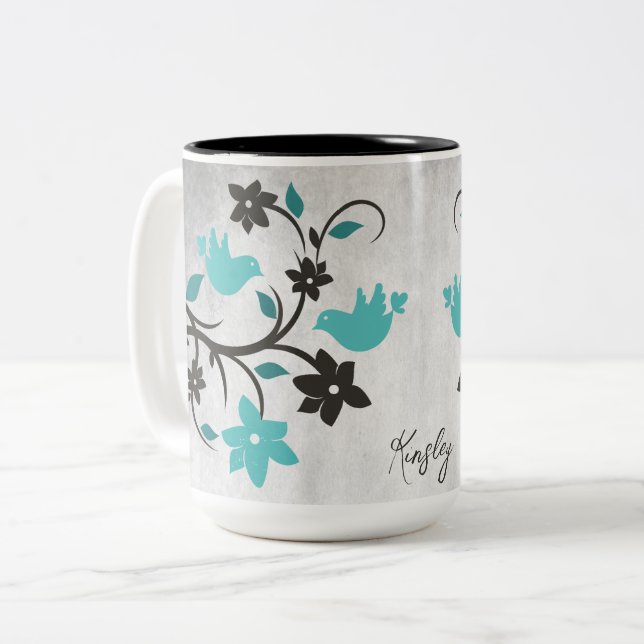 Mug à café à deux tons turquoise Lovebirds (Devant gauche)