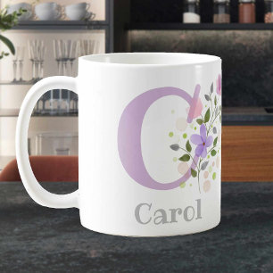 Mug à café à motif floral avec nom et initiale