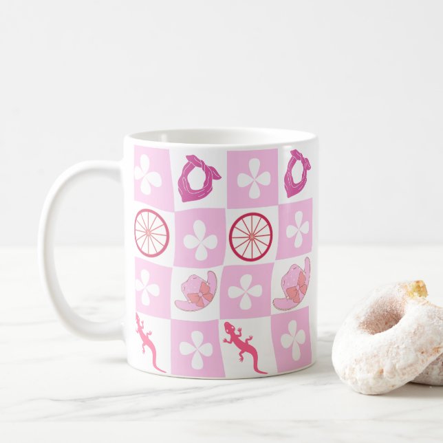 Mug À damiers de poule rose personnalisée avec fleurs (Avec donut)