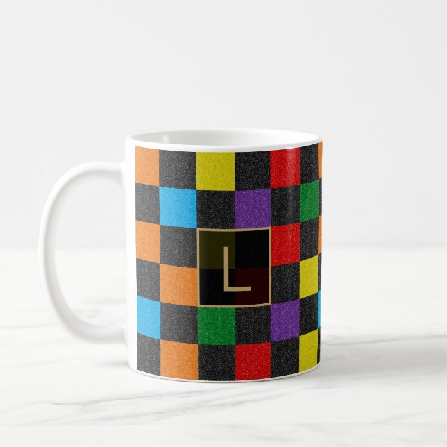 Mug à damiers Parties scintillant Rainbow Custom Monog (Gauche)