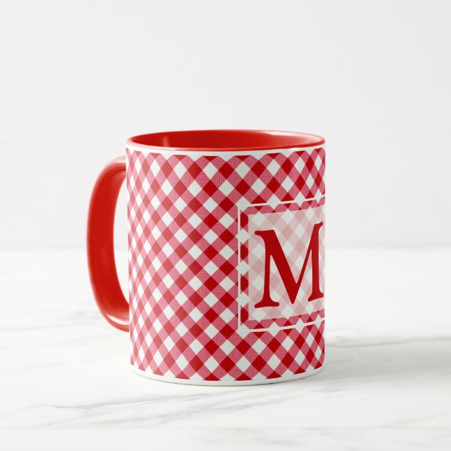 Mug à damiers tartan plaid classique rouge blanc textu (Devant gauche)