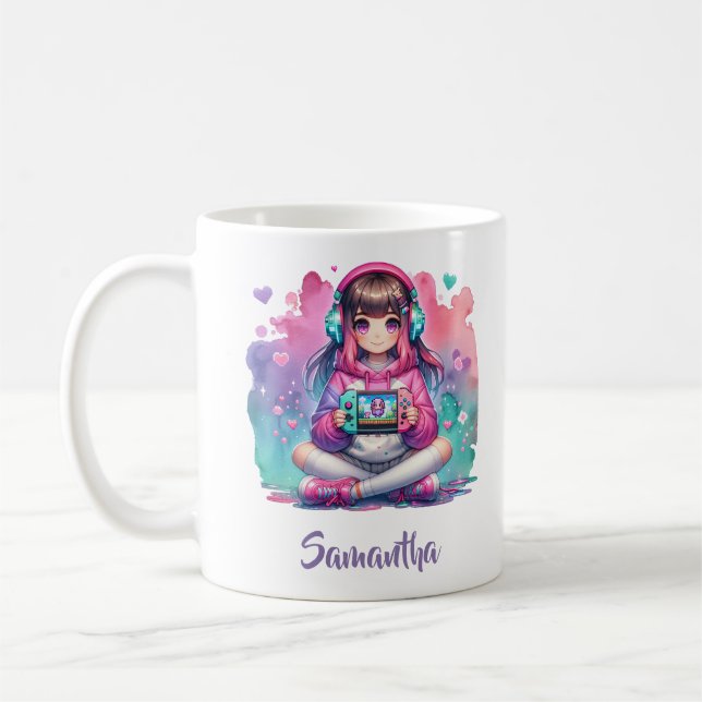 Mug A little girl gamer playing video play game (Gauche)